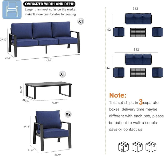Aluminum Outdoor Patio Furniture Set, 4 Piece Sectional Coversation Sets with Coffee Table, Modern Outdoor Sofa Couch with Thick Cushions for Porch, Balcony, Garden (Black/Blue)