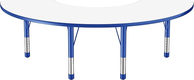 FDP Dry-Erase Half Moon Activity School and Classroom Kids Table (36 x 72 inch), Chunky Toddler Legs for Collaborative Spaces, Adjustable Height 15-24 inches - Whiteboard Top, Blue Edge and Legs