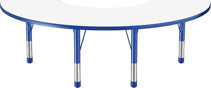 FDP Dry-Erase Half Moon Activity School and Classroom Kids Table (36 x 72 inch), Chunky Toddler Legs for Collaborative Spaces, Adjustable Height 15-24 inches - Whiteboard Top, Blue Edge and Legs
