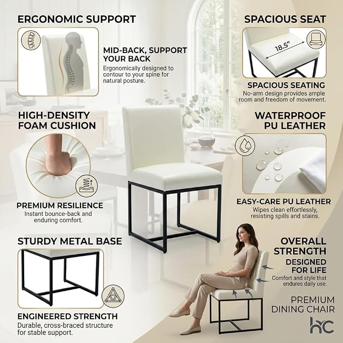 CIMOTA Modern Dining Chairs Set of 2, Leather Dining Room Chairs Upholstered Armless Guest Side Chair with Black Base for Dining Room/Kitchen, Cream 2PCS