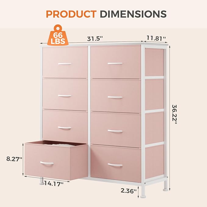 Sweetcrispy 8 Drawer Fabric Dresser for Bedroom, Tall Dresser, Pink | Sturdy Chest of Drawers, Steel Frame and Wooden Top, Closet Living Room Storage Organizer with Easy Pull Handles