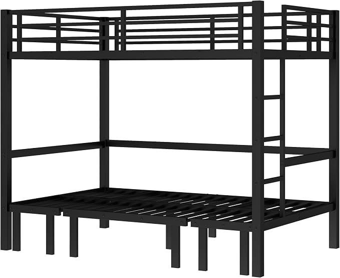 Bellemave Full Over Full Futon bunk Bed, Lower bunk can be Pulled Out in Three Sections, Loft Bed with Sofa for Teens, Adults, Bedroom, Black(Excluding Cushions and mattresses)