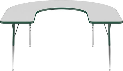 FDP Horseshoe Activity School and Office Table (60 x 66 inch), Standard Legs with Swivel Glides for Collaborative Seating Environments, Adjustable Height 19-30 inches - Gray Top and Green Edge