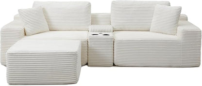 ivoros 111 Inch Modular Sectional Sofa Couch, Oversized Modern Cloud Couch for Living Room, L Shape Couches with Ottomans, USB Ports and Cup Holders, Beige Corduroy Boneless Sofas, Sofa in a Box