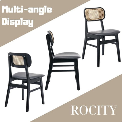 ROCITY Black Dining Chairs Set of 4 Faux Leather Dining Room Chairs with Rattan Back Farmhouse Kitchen Chairs Wooden Side Chairs