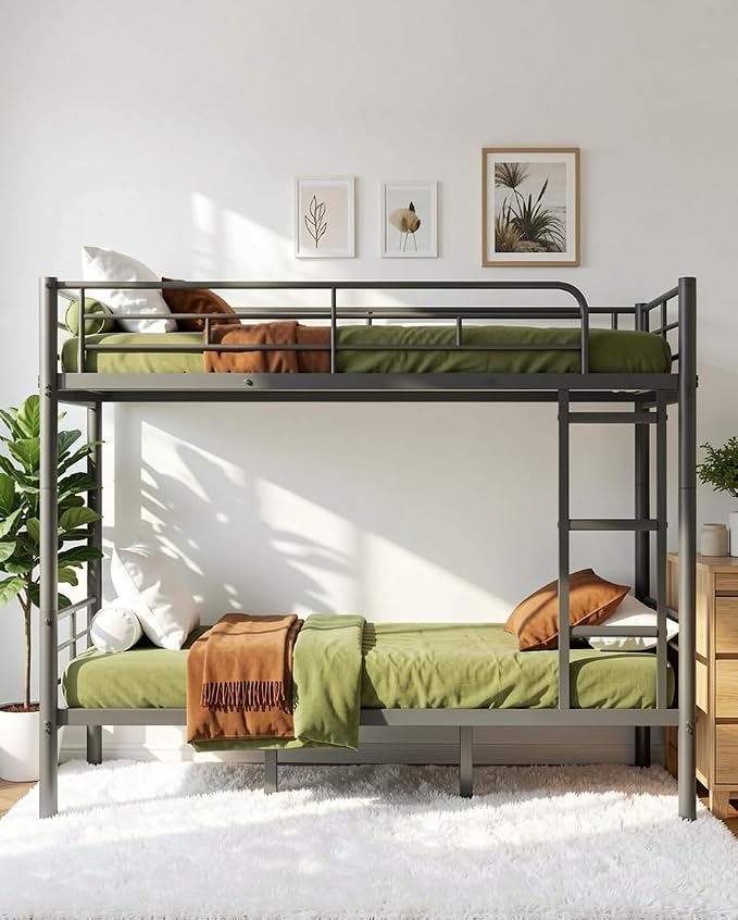 Mixcous Full Over Full Bunk Bed for Adults, Heavy Duty Metal Bunk Bed Frame, Convertible into 2 Full Beds, Noise-Free, Full-Length Guardrails & EVA Padded Ladder, No Box Spring Needed, Black