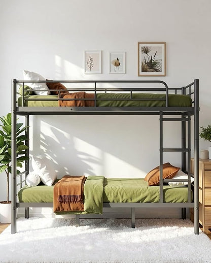 Mixcous Full Over Full Bunk Bed for Adults, Heavy Duty Metal Bunk Bed Frame, Convertible into 2 Full Beds, Noise-Free, Full-Length Guardrails & EVA Padded Ladder, No Box Spring Needed, Black