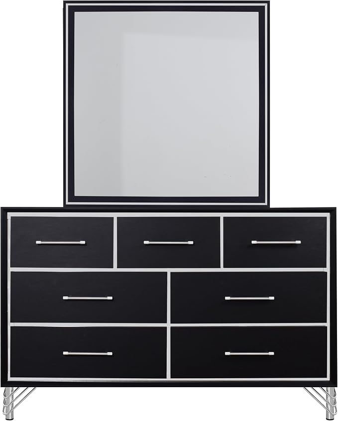 New Classic Furniture Ava 2-Piece Wood Dresser and Mirror Set, Ebony Black