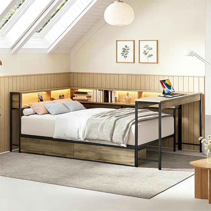 Bellemave Full Size Corner Bed Frame with Storage Bookcase & 2 Drawers, Modern Metal Full Daybed with LED Lights & Charging Station, Reversible Full Corner Bed with Desk for Space-Saving, Grey