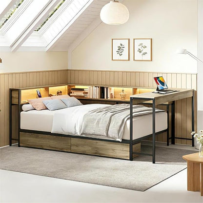Bellemave Full Size Corner Bed Frame with Storage Bookcase & 2 Drawers, Modern Metal Full Daybed with LED Lights & Charging Station, Reversible Full Corner Bed with Desk for Space-Saving, Grey