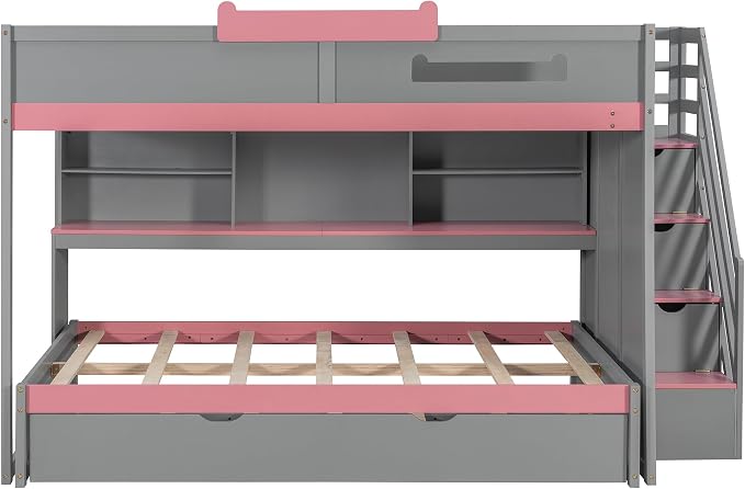 Wood Bunk Bed Full Over Full Size with Storage Staircase and Shelves, Bunk Beds Frame with Trundle and LED for Kids Teens, Space-Saving (Gray-12.15)