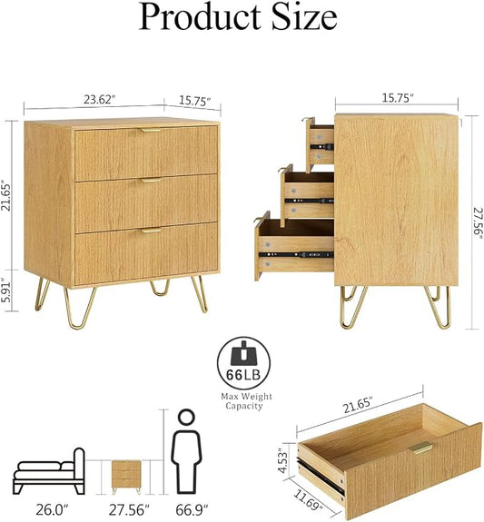 Oak Dresser for Bedroom, Modern Fluted 3 Drawer Dresser with Storage, Dresser Chest of Drawers with Gold Handles for Bedroom, Living Room, Closet, Hallway, 15.8" D x 23.6" W x 27.6" H