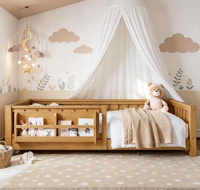 Bellemave Twin Size Floor Bed with high Rails and with Built-in Bookshelf for Kids, Girls, Boys, Wood Montessori Floor Bed Without Door, Light Natural
