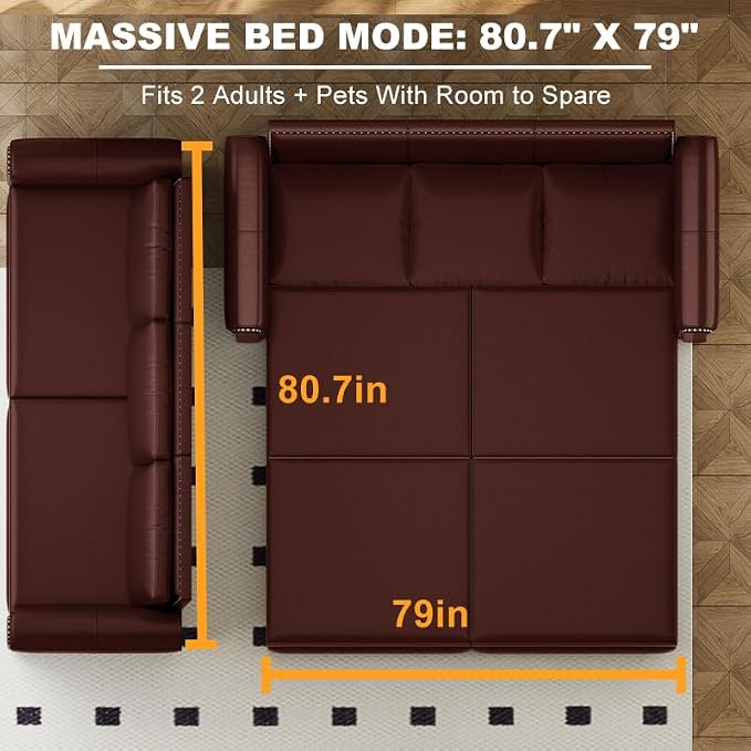 93.7" King Size Sleeper Sofa Bed, Pull Out Sofa Bed, Faux Leather Upholstery, 3 in 1 Convertible Sleeper Couch, Chaise Lounge, Retro Recliner for Living Room, Office, Apartment, Burgundy