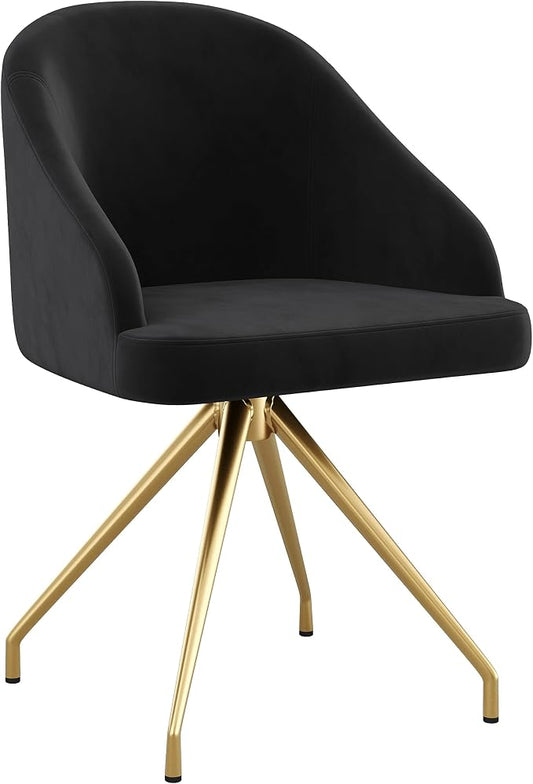Martha Stewart Sora Stationary Swivel Task Chair with Sloped Arms for Home Office in Black Velvet with Polished Brass Frame
