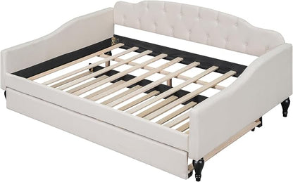 Merax Daybed with Trundle, Full Size Solid Wood Sofa Bed Frame, Upholstered Tufted Daybed for Living Room, Bedroom and Guest Room, Beige