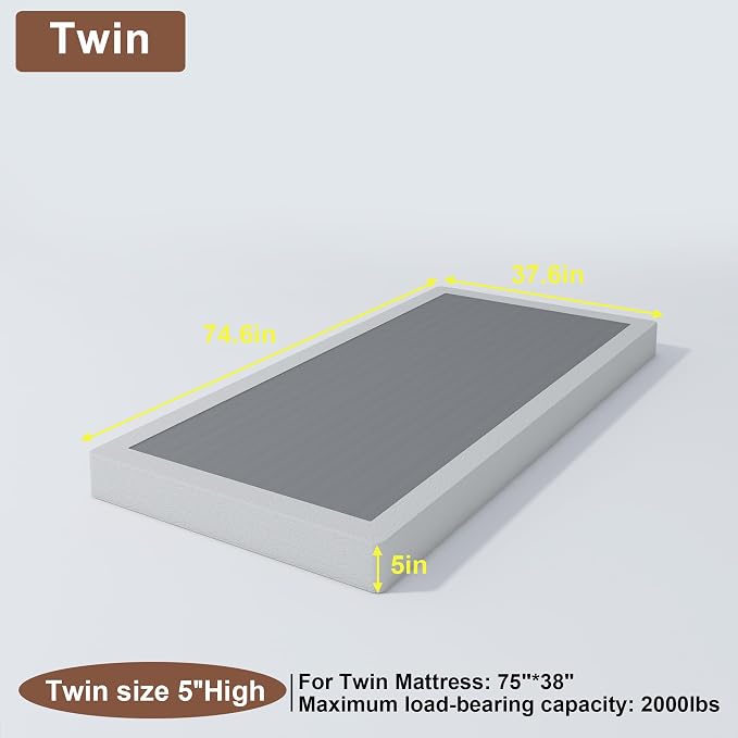 FMDMR Twin Box Spring with Fabric Cover Set, 5 Inch Twin Size Box Spring with 2500lbs Max Weight Capacity, Durable Mattress Foundation Easy Assembly, Non-Slip, Noise Free