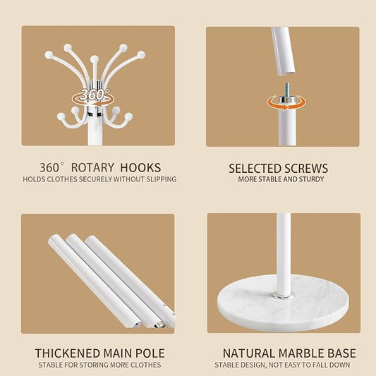 Metal Heavy Duty Coat Rack Stand, Modern 360° Roraty Freestanding Coat Rack with Natural Marble Base, White Coat Racks Hall Tree Hanger Stand with 16 Hooks for Entryway, Office