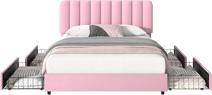 VECELO Full Size Upholstered Bed Frame with 4 Drawers and Headboard, Velvet Platform Storage Bedframe, Wooden Slats Support, No Box Spring Needed,Pink