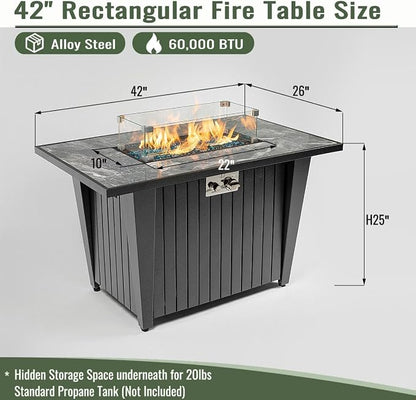 42" Propane Gas Fire Pit Table 50000 BTU Rectangular Outdoor Fire Pit with Marble Tile Tabletop Glass Wind Guard, Steel Patio Fire Table & Lid, Blue Glass Beads & Rain Cover for Backyard Garden, Gray