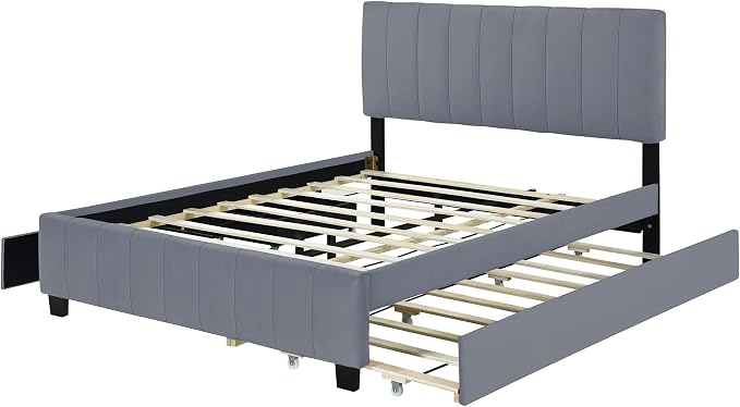 Ball & Cast Queen Bed Frame with Channel Tufted Headboard,Velvet Upholstered Platform Bed Frame Queen Size with 2 Drawers and 1 Twin XL Trundle,Wood Slats Support,No Box Spring Needed,Gray