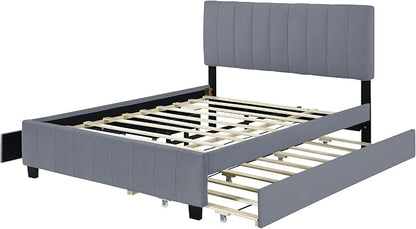 Ball & Cast Queen Bed Frame with Channel Tufted Headboard,Velvet Upholstered Platform Bed Frame Queen Size with 2 Drawers and 1 Twin XL Trundle,Wood Slats Support,No Box Spring Needed,Gray