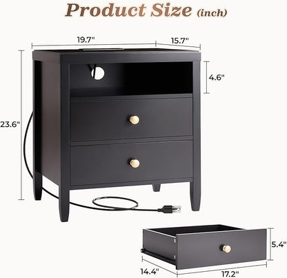 Huuger Black Nightstand Set of 2, Night Stand with Charger Station, Bedside Table with 2 Drawers, Bed Side Tables for Bedroom, Modern Nightstands, Metal Knobs, Painted Surface