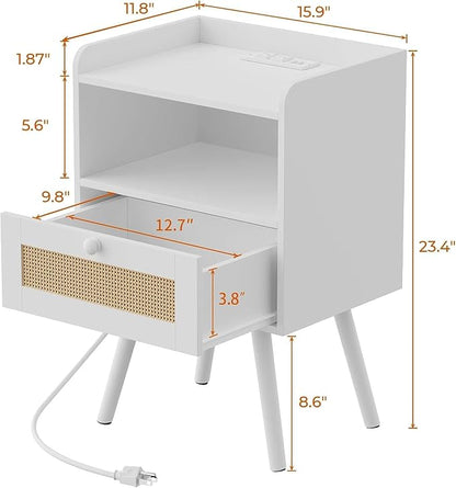 SUPERJARE Nightstand with Charging Station & Rattan-Like Decor Drawer, Rattan End Table with Solid Wood Feet, Bed Side Table with Open Storage, for Bedroom, Living Room, Dormitory - White
