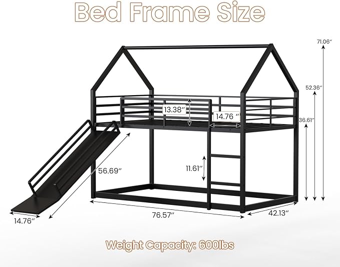 Twin Over Twin Bunk Bed with Slide 40° Gentle-Slope & LED Light, House-Shaped Low Bunk Bed Twin Size with 13.4" Extra-Tall Guardrail & Ladder, Heavy Duty, No Box Spring Needed, Easy Assembly, Black
