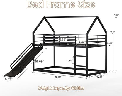 Twin Over Twin Bunk Bed with Slide 40° Gentle-Slope & LED Light, House-Shaped Low Bunk Bed Twin Size with 13.4" Extra-Tall Guardrail & Ladder, Heavy Duty, No Box Spring Needed, Easy Assembly, Black