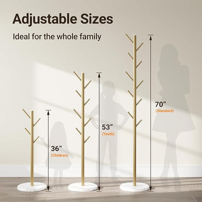 ELYKEN Coat Rack Freestanding with Natural Marble Base, Metal Coat Rack Stand with 10 Hooks, 3 Adjustable Size Coat Tree for Bags, Clothes, and Hats for Entryway, Bedroom, Hallway, Office, Gold