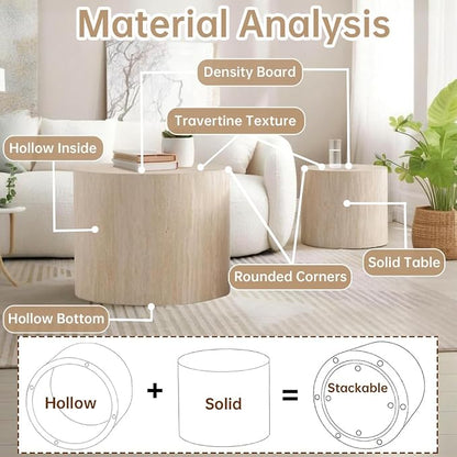 Round Nesting Coffee Table Set of 2 Modern Small Round Coffee Table Travertine Side Table Small End Table Circular Coffee Tables Circle Nested Coffee Tables for Living Room (Travertine)