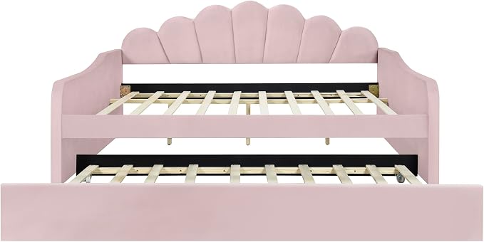Ball & Cast Full Size Daybed with Trundle,Velvet Upholstered Day Bed Frame Full with Shall Shaped Backrest and Wood Slat Support,No Box Spring Needed,Pink