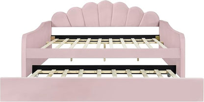 Ball & Cast Full Size Daybed with Trundle,Velvet Upholstered Day Bed Frame Full with Shall Shaped Backrest and Wood Slat Support,No Box Spring Needed,Pink