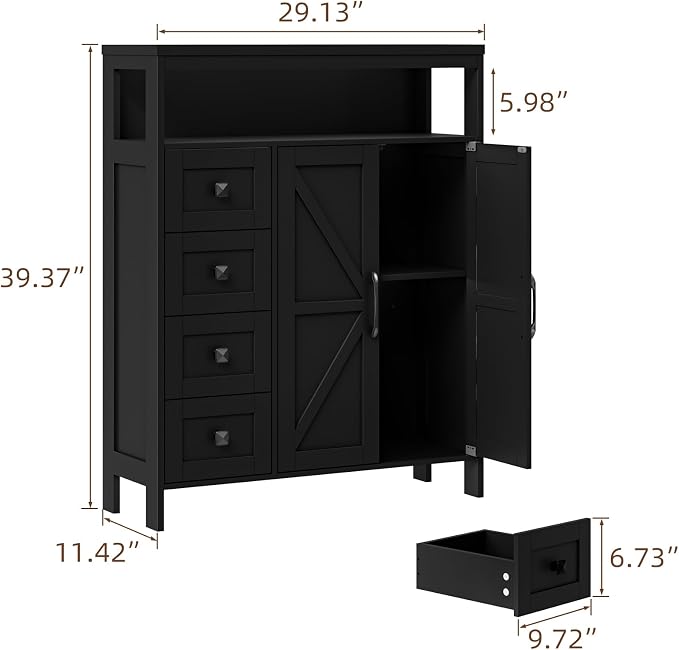 Vabches Farmhouse Storage Cabinet with 2 Doors and 4 Drawers, Freestanding Bathroom Compartment Kitchen Pantry Cabinet, Floor Cupboard for Kitchen/Living Room/Bathroom,Pure Black