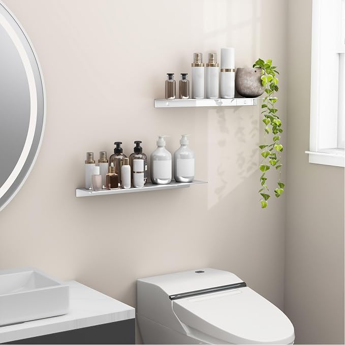 Danpoo 20 inch Metal Floating Shelves for Wall Organizer & Storage, Display Shelves for Bathroom, Living Room, Kitchen, Bedroom(Silver, 2-Pack)