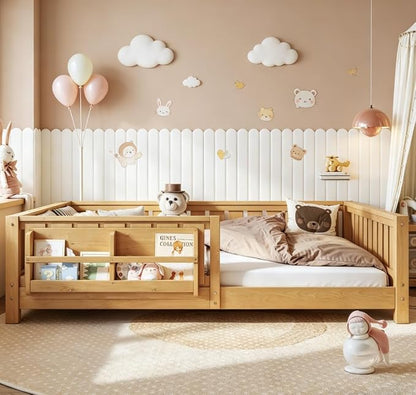 Bellemave Full Size Floor Bed with high Rails and with Built-in Bookshelf for Kids, Girls, Boys, Wood Montessori Floor Bed Without Door, Light Natural