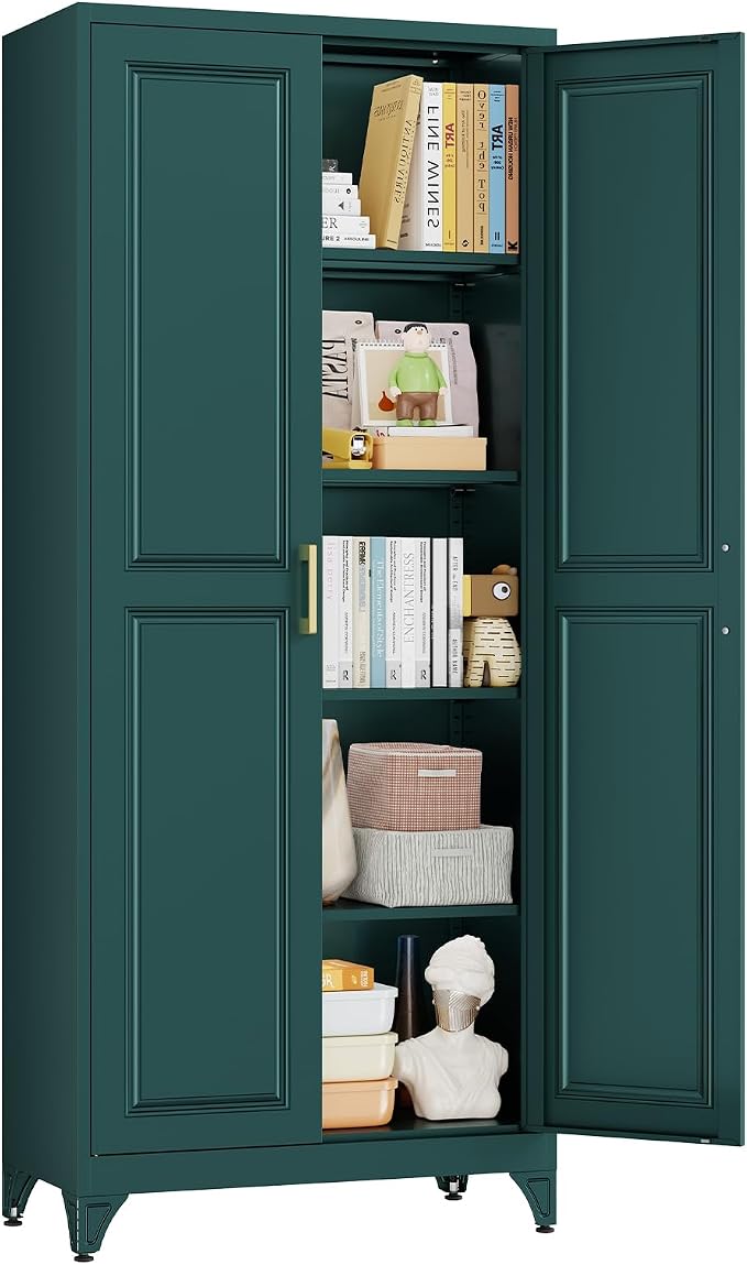 75" Tall Metal Storage Cabinet with 2 Doors and 4 Adjustable Shelves, Heavy Duty Steel Pantry Cabinet for Home Office, Kitchen, Garage and Laundry Room, Green