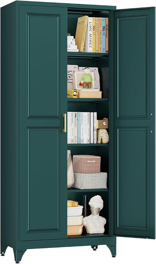 75" Tall Metal Storage Cabinet with 2 Doors and 4 Adjustable Shelves, Heavy Duty Steel Pantry Cabinet for Home Office, Kitchen, Garage and Laundry Room, Green
