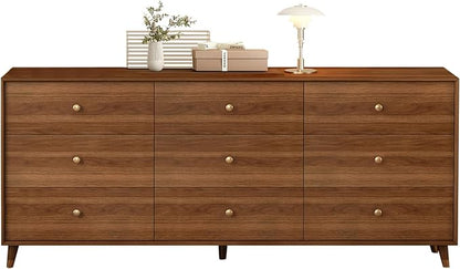 Messenya 9 Drawer Dresser for Bedroom, 63 Inch Walnut Dresser for Closet, Mid Century Wood Chest of Drawers with Natural Texture & Pre-Embedded Slots for TV Stand, Living Room, Hallway, Office