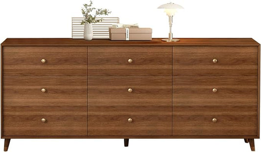 Messenya 9 Drawer Dresser for Bedroom, 63 Inch Walnut Dresser for Closet, Mid Century Wood Chest of Drawers with Natural Texture & Pre-Embedded Slots for TV Stand, Living Room, Hallway, Office