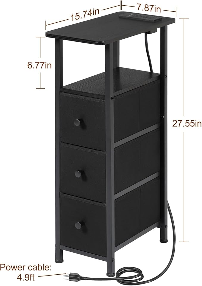 LOAKEKEL Narrow End Tables Living Room Set of 2 with Charging Station, Skinny Side Table with Fabric Drawers, Slim LED Nightstand for Bedroom, Small Spaces, Couch, Black, HETNDP03LBK