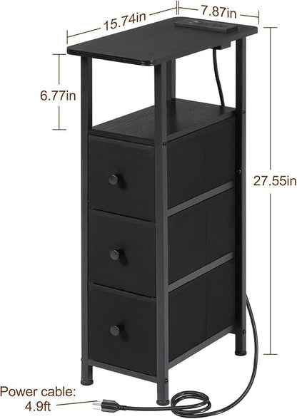 LOAKEKEL Narrow End Tables Living Room Set of 2 with Charging Station, Skinny Side Table with Fabric Drawers, Slim LED Nightstand for Bedroom, Small Spaces, Couch, Black, HETNDP03LBK
