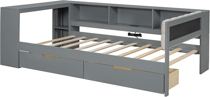 Ball & Cast Twin Size Wood L-Shaped Daybed with Storage Shelves and Built-in Desk,Platform Bed w/Under-Bed Drawers & Charging Station,Upholstered Headboard,No Box Spring Needed,for Student Dorms,Gray