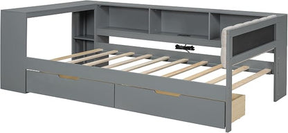 Ball & Cast Twin Size Wood L-Shaped Daybed with Storage Shelves and Built-in Desk,Platform Bed w/Under-Bed Drawers & Charging Station,Upholstered Headboard,No Box Spring Needed,for Student Dorms,Gray