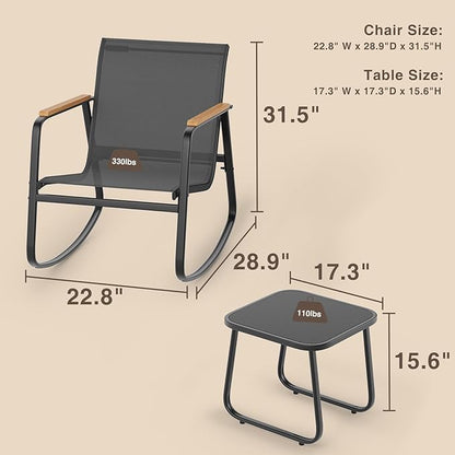 Ahomly 3 Pieces Patio Furniture Set Textilene Fabric Outdoor Patio Rocking Bistro Set with Wooden Armrests and Coffee Table for Lawn, Porch, Balcony, Poolside, Black