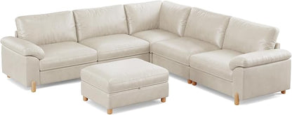 SITJOY Large Cloud Couch, 106" Wide 5 Seater V Shape, Faux Leather in White | Pet-Friendly Scratch-Resistant Leather Sectional Sofas for Living Room, Deep Seat Wide Couch with Chaise, Storage Ottoman