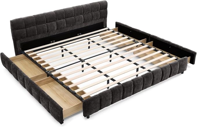 KEIKI King Thick Chenille Bed Frame with 4 Storage Drawer & Upholstered Tufted Headboard, Modern Solid Wood Floor Platform for Bedroom, No Box Spring Needed