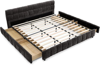 KEIKI King Thick Chenille Bed Frame with 4 Storage Drawer & Upholstered Tufted Headboard, Modern Solid Wood Floor Platform for Bedroom, No Box Spring Needed