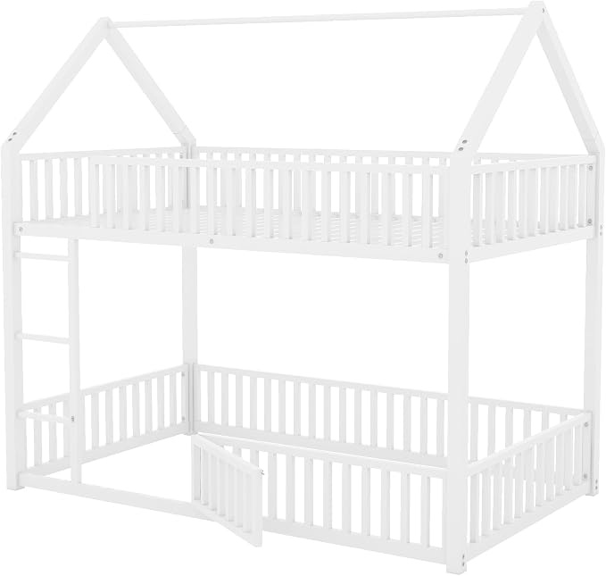RuiSiSi Metal Bunk Bed Twin Over Twin, Floor House Bunk Bed with Safety Guardrails and Roof for Kids Teens, Twin Bunk Beds for Bedroom, No Box Spring Needed, White